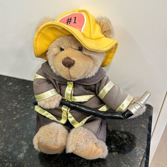 Number One Hero Bear Plush Fireman Firefighter Yellow Brown Toy Bear - Picture 1 of 5